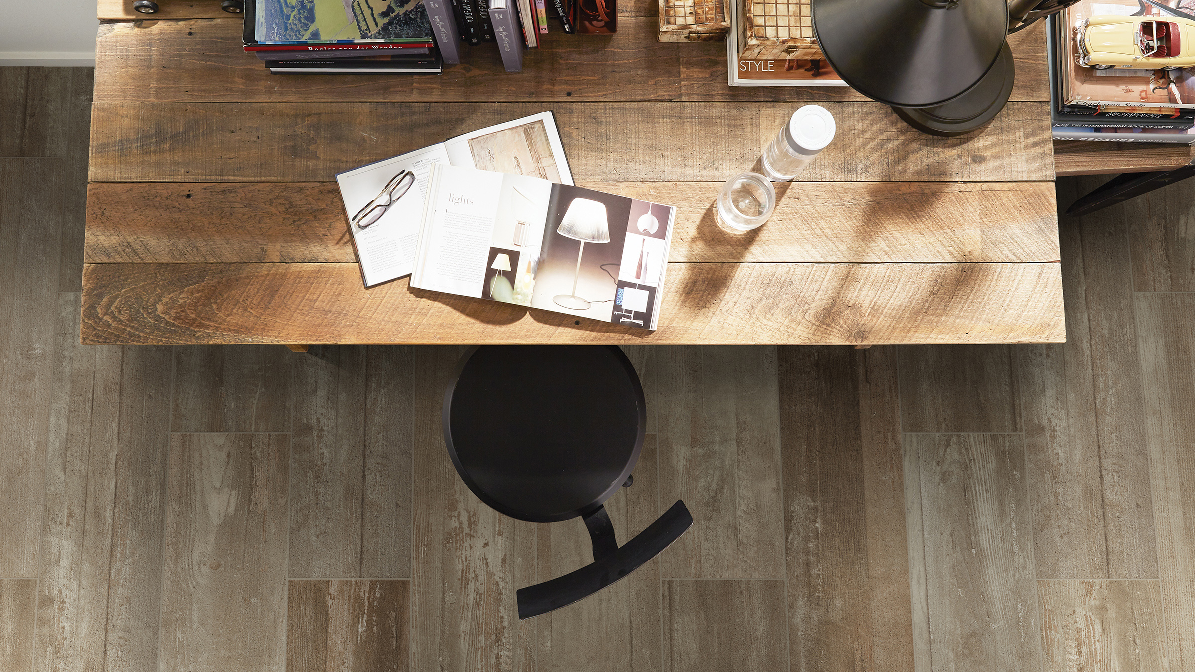 Tile flooring in a home office.