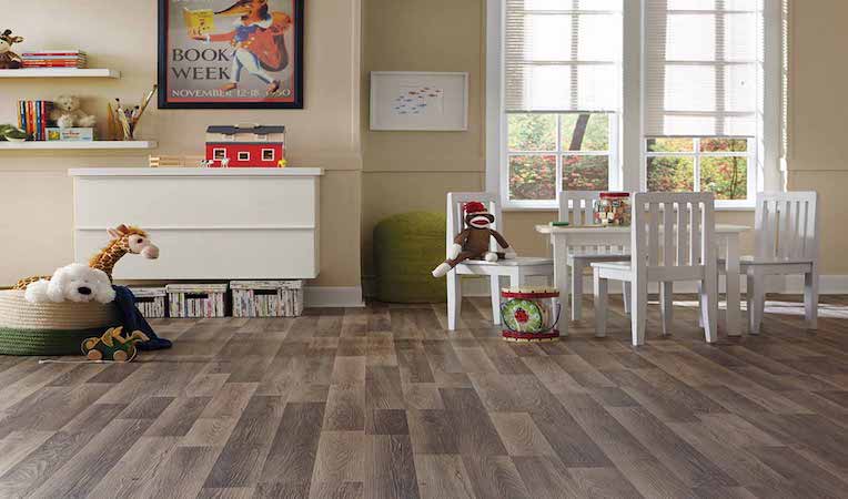wood look laminate flooring in a kids playroom