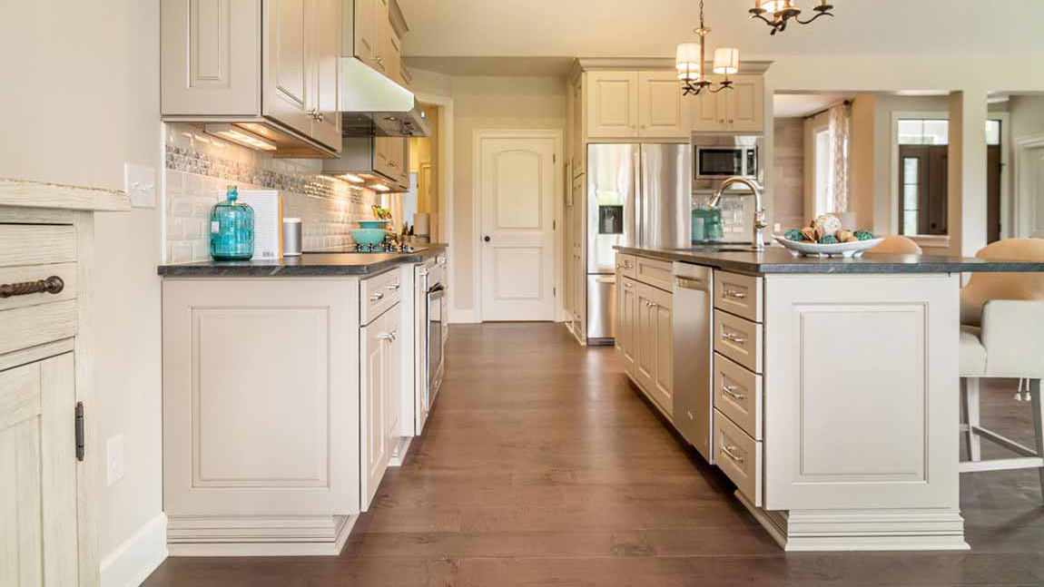 Hardwood flooring in a kitchen.